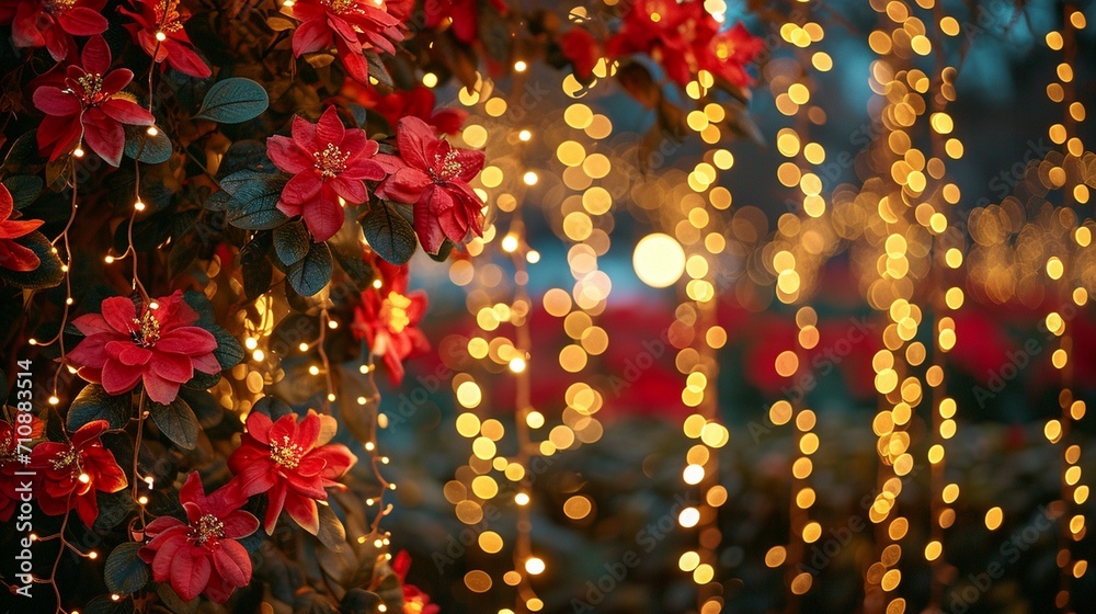 Place the golden lights strategically to add a festive and warm atmosphere. You can drape them loosely around the flowers or create a background with them. Place the golden lights strategically to add a festive and warm atmosphere. You can drape them loosely around the flowers or create a background with them.