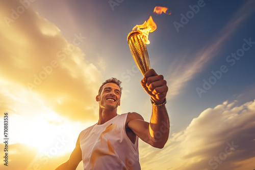 A happy smiling male athlete solemnly carries the Olympic flame against the sky