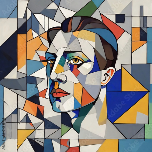 Portrait of a young man in the style of stained glass. Face Surrounded by Geometric Abstracts. Somber man in cubism and futurism