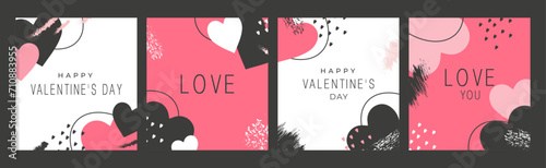 Background of abstract pink and black hearts with grunge stripes for Valentine's Day greetings. Design for decorating a wedding card. Flat style. Vector illustration.