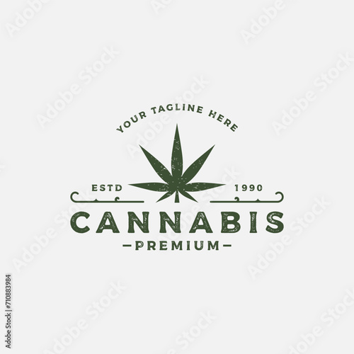 Premium quality cannabis organic plant logo retro vintage template design.