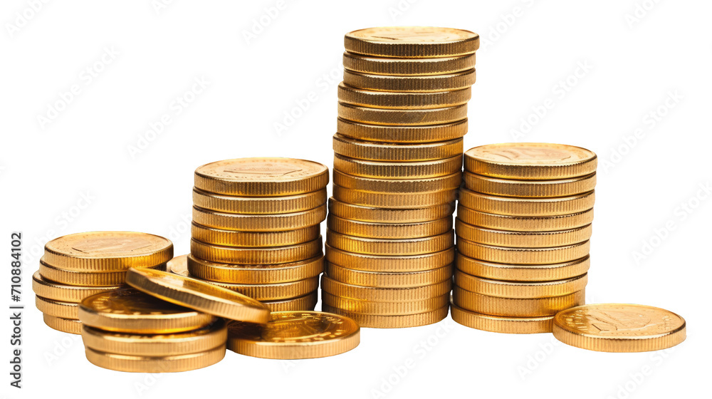 Front view of several stack of gold coins in row on cutout PNG transparent background Front view of several stack of gold coins in row on cutout PNG transparent background