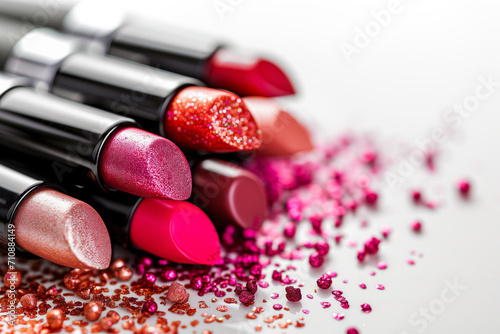 Cosmetics and beauty industry, a set of lipsticks on a background of loose powder and eye shadow, High Angle Still Life of Four Tubes of Various Lipsticks. Multicolored piles of pigment powder photo