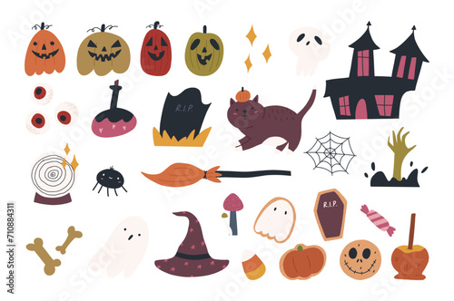 Set of cute Halloween elements - hand drawn flat vector illustration isolated on white background. Spooky autumn stickers of pumpkin, haunted house, cat, skull and grave.
