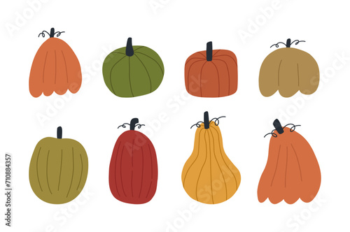 Set of different hand drawn pumpkins in cute flat style, vector illustration isolated on white background. Collection of various pumpkins, concepts of autumn, harvest and Thanksgiving.