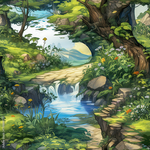 Seamless illustration with forest and river in cartoon style.