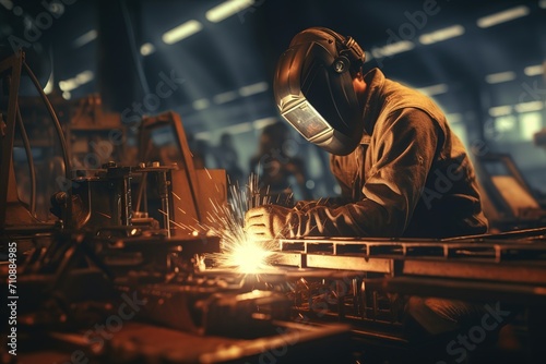 Industrial worker welding metal in factory