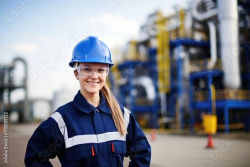 Portrait of a female engineer wearing safety glasses and a hard hat at an industrial facility