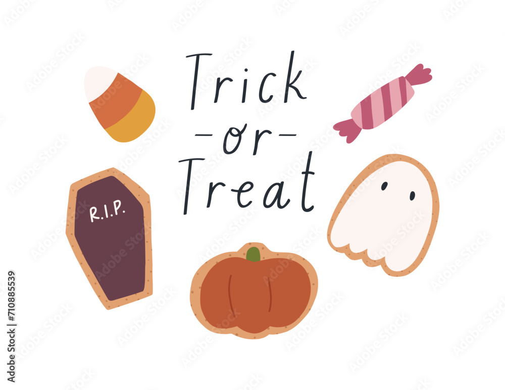 Naklejka premium Trick or treat card with cute cookies and candies, cartoon flat vector illustration isolated on white background. Hand drawn Halloween holiday sweets.