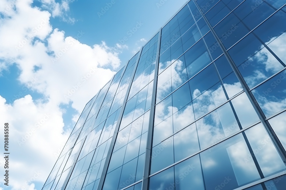 Blue glass skyscraper reflecting clouds