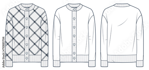 Knit Cardigan technical fashion illustration, plaid design. Sweatshirt fashion flat technical drawing template, round neck, button down, front and back view, white, women, men, unisex CAD mockup set.
