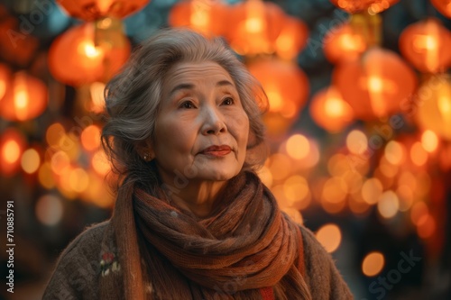Old asian woman on Lunar New Year celebration with Chinese lights