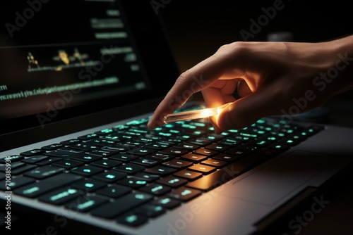 Glowing USB stick being inserted into a laptop USB port photo