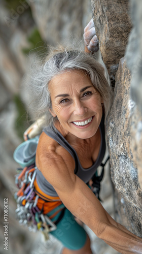 Active senior woman rock climbing