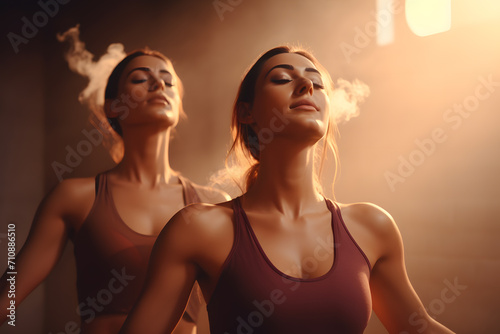a woman with eyes closed and smoke coming out of her mouth