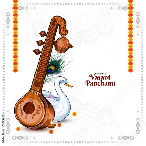 Religious Happy Vasant Panchami Indian festival background with Veena illustration