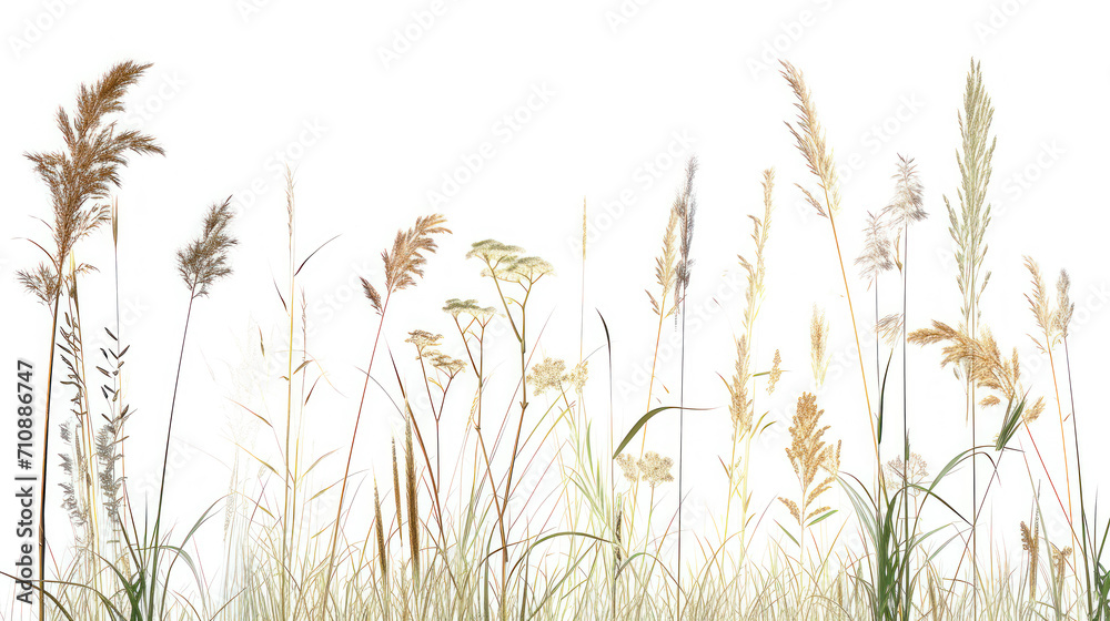 A field of wild grasses with its various shapes and textures, isolated on white background. Generative AI A field of wild grasses with its various shapes and textures, isolated on white background. Generative AI