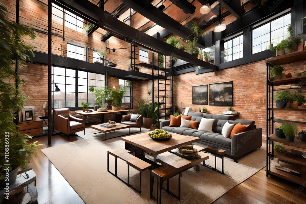 An industrial loft-style home with brick walls and steel beams, leading to a contemporary backyard with a rooftop garden and outdoor entertainment area. An industrial loft-style home with brick walls and steel beams, leading to a contemporary backyard with a rooftop garden and outdoor entertainment area.
