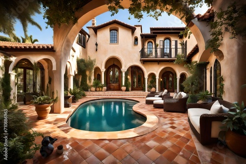 A luxurious residence with a Mediterranean-inspired design, complete with a terracotta-tiled roof, arched doorways, and a lush backyard with a swimming pool. © Lala