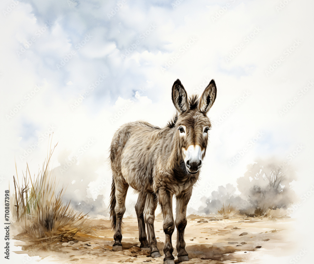 watercolore painting of a donkey in a field watercolore painting of a donkey in a field