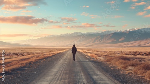 A lone man walks along an empty road surrounded by a vast expanse of desert landscape. photo