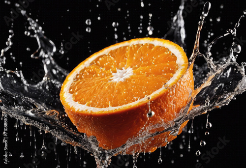 Slice of orange is falling into water