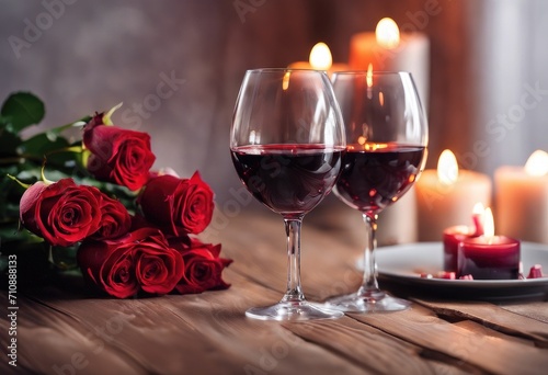 Romantic wine and roses dinner setting