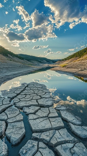 Rugged beauty of a dried lake and river, embodying the wild outdoor spirit of an adventure during a hot, rainless summer season. 