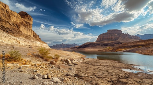 Rugged beauty of a dried lake and river, embodying the wild outdoor spirit of an adventure during a hot, rainless summer season. 