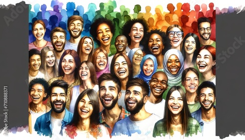 This is an image of a diverse group of people smiling and laughing against a background with colorful squares.