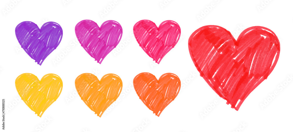 Hand drawn felt pen hearts in different colors variation