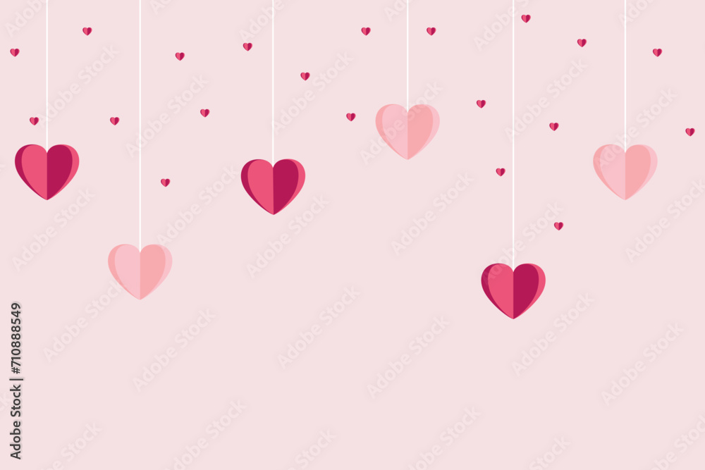Red and pink hearts isolated on pink background. Paper cut decorations for Valentine's day border or frame design. Vector illustration