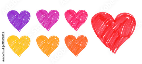 Hand drawn felt pen hearts in different colors variation