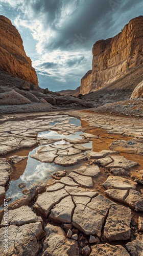 Rugged beauty of a dried lake and river, embodying the wild outdoor spirit of an adventure during a hot, rainless summer season. 