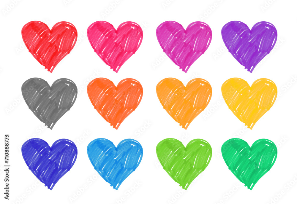 Hand drawn felt pen hearts in different colors variation