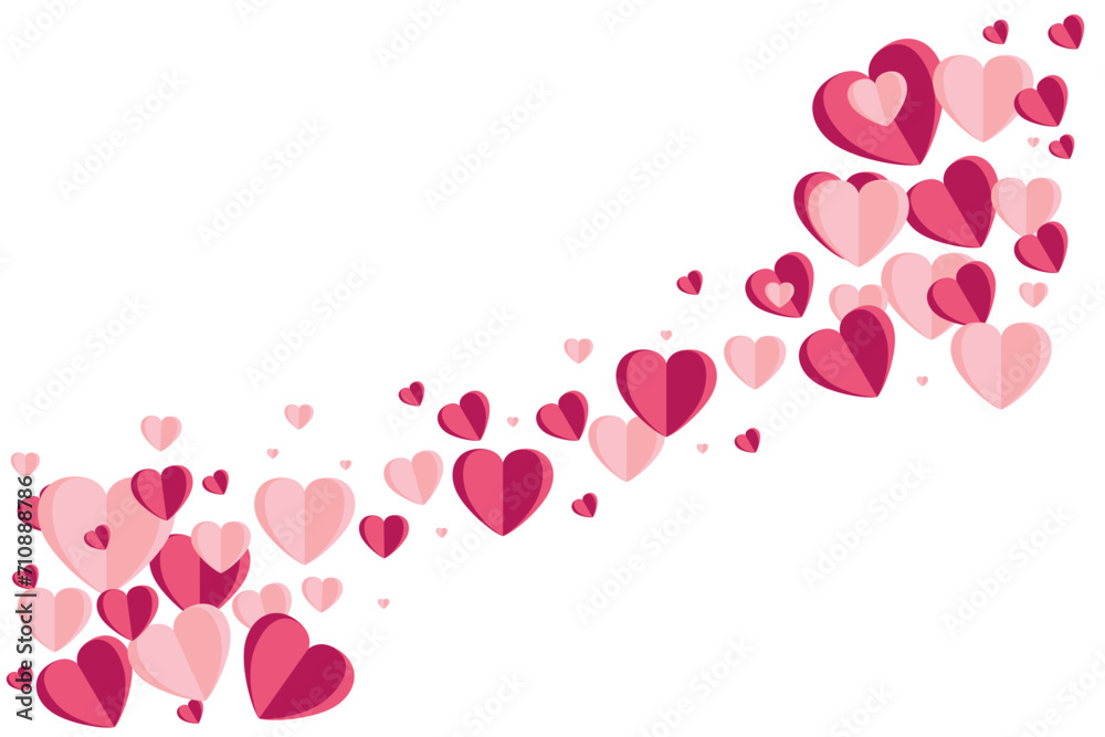 Red and pink hearts isolated on white background. Paper cut decorations for Valentine's day border or frame design. Vector illustration
