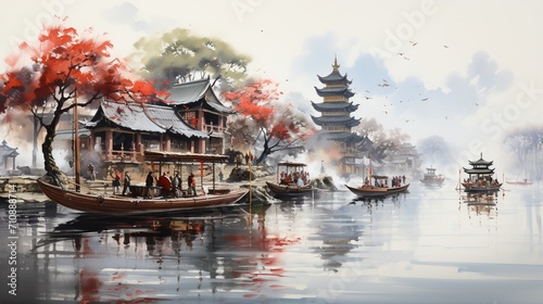 Oriental watercolor painting of a busy river town