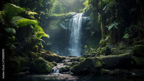 jungle landscape illustration, waterfall in jungle. Created with Generative AI	
