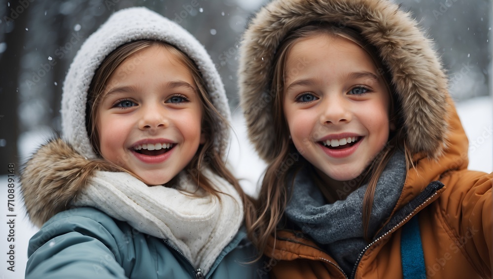 Children taking selfies in the snowy weather Children taking selfies in the snowy weather