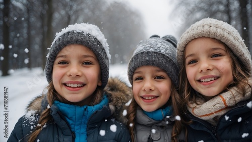 Children taking selfies in the snowy weather