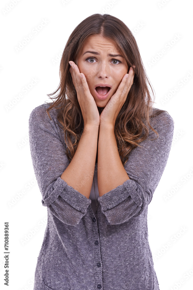 Wow, surprise and shocked woman with hands on face in studio with gossip, announcement or news on white background. Omg, panic and portrait of female model with mind blown emoji for unexpected secret