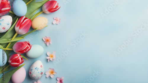 frame with colorful painted easter eggs and tulips on blue pastel background  #710889333