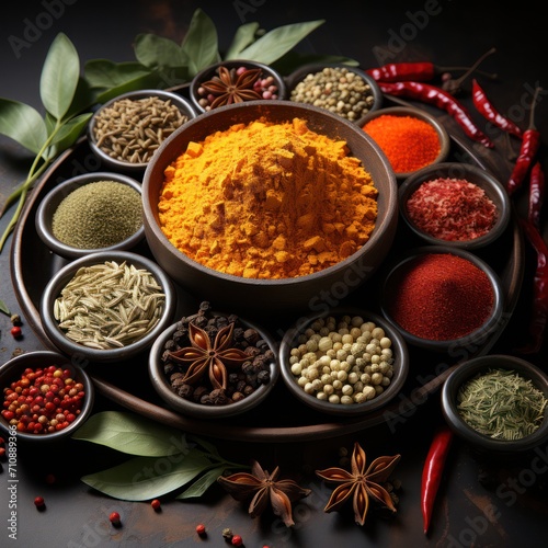 several types of spices in a black bowl on a textured concrete background