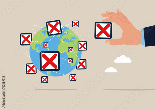 Concept of no approval, no agreement. Hand put unfinished checkbox on world map across globe. Flat vector illustration