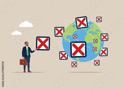 Businessman put unfinished checkbox on world map across globe. Flat vector illustration