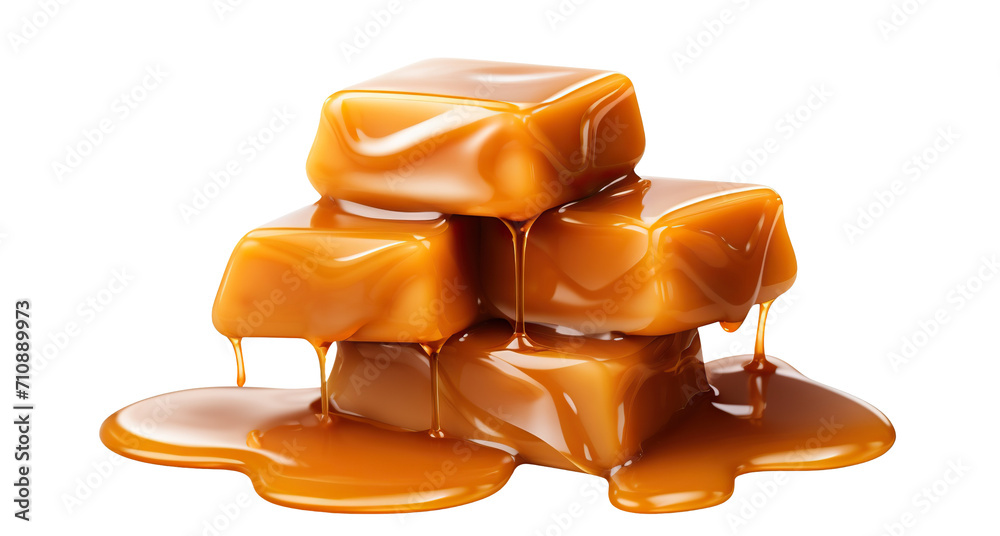 Stack of smooth, glossy caramel candies with rich, melted caramel sauce dripping down, cut out