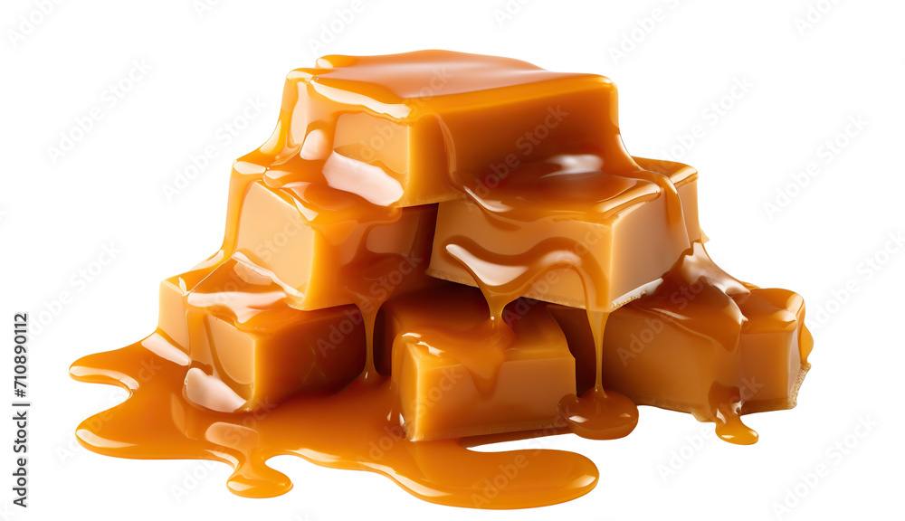 Stack of smooth, glossy caramel candies with rich, melted caramel sauce dripping down, cut out Stack of smooth, glossy caramel candies with rich, melted caramel sauce dripping down, cut out