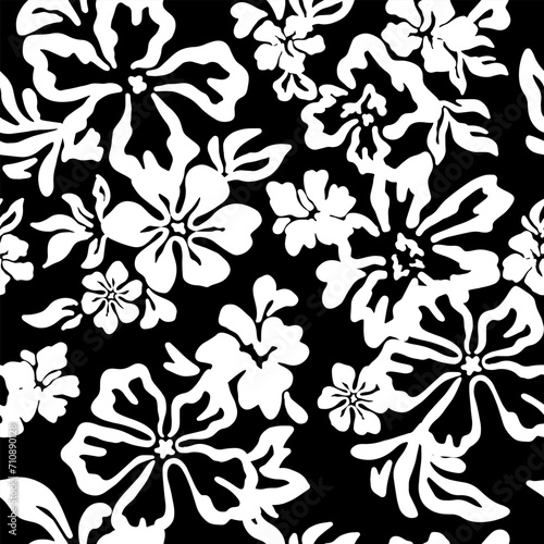 Seamless floral vector pattern  ink effect  handmade fashionable drawing for fabric design  decor  ceramics  greeting cards  flowers  texture print on black  white backgrounds