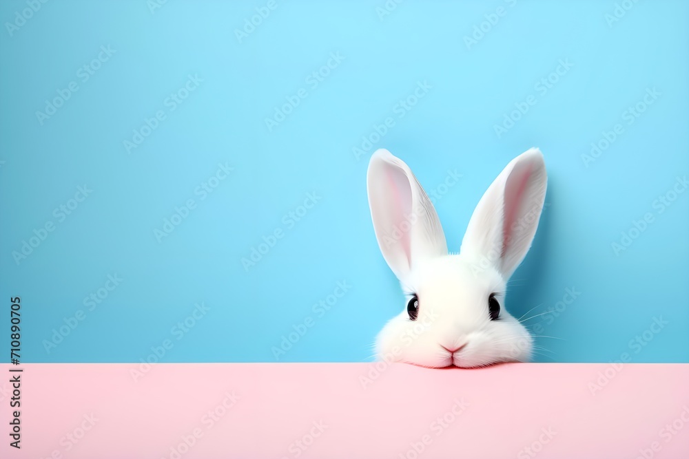 White Easter bunny on a blue background, copy space.