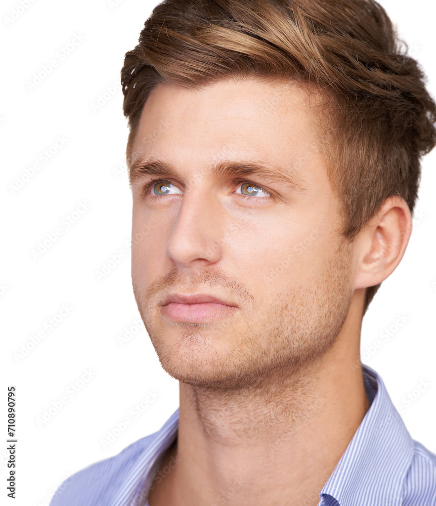 Businessman, face or thinking by white background in studio for small business vision, ideas or inspiration. Closeup, serious or male startup consultant on backdrop in planning future growth solution Businessman, face or thinking by white background in studio for small business vision, ideas or inspiration. Closeup, serious or male startup consultant on backdrop in planning future growth solution